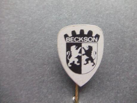 Beckson (Becker’s Sons )meet- en weeginstrumenten,remnaven voor (brom)fietsen en vervoerskaartenautomaat voor het openbaar vervoer,logo Brummen, zilver-zwartkleurig